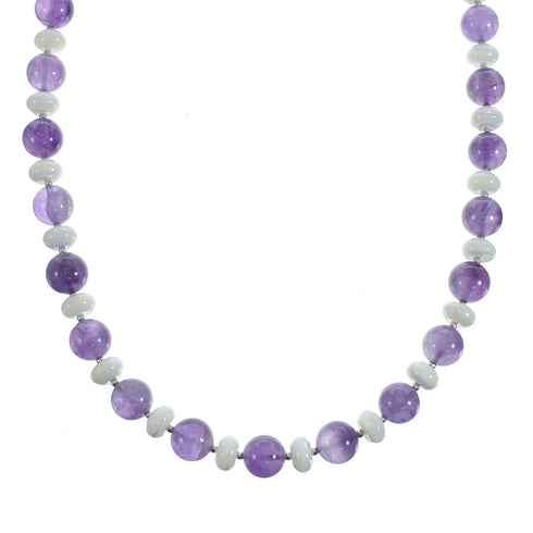 Native American Navajo Amethyst and Mother of Pearl Bead Sterling Silver Necklace JX126709